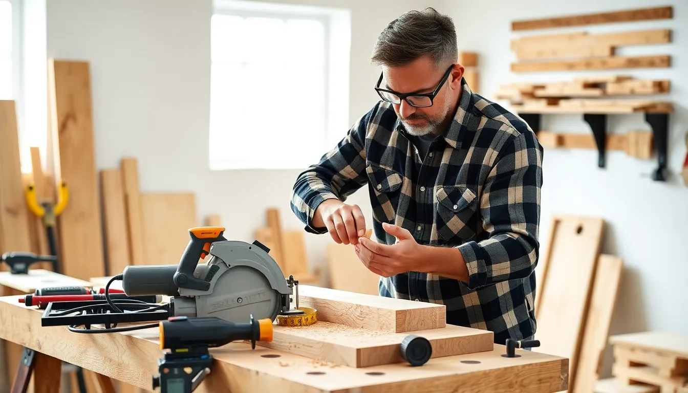 craftsman working on a wooden project in a modern workshop.