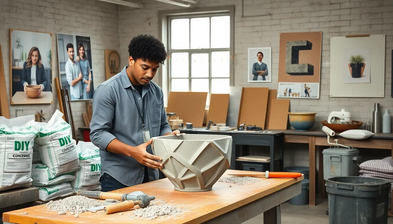 individual working on a concrete DIY project in a modern workshop.
