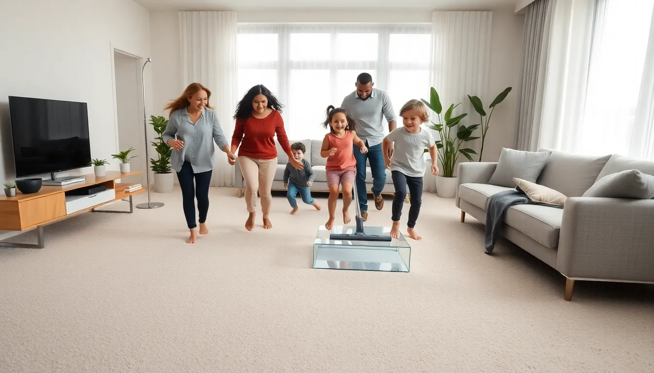 family enjoying a clean carpet in a modern living room.