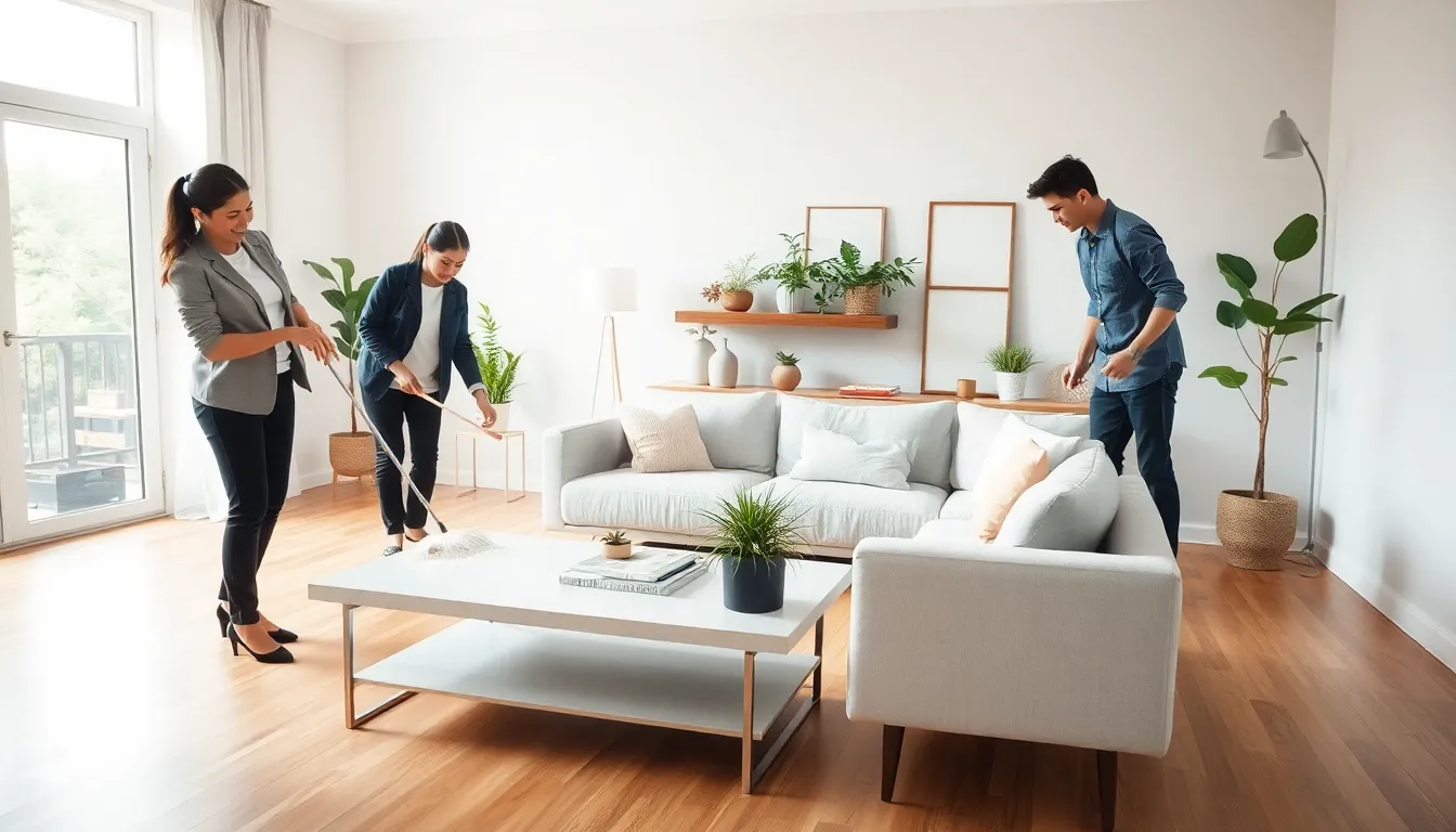 diverse team cleaning a bright and inviting living room.
