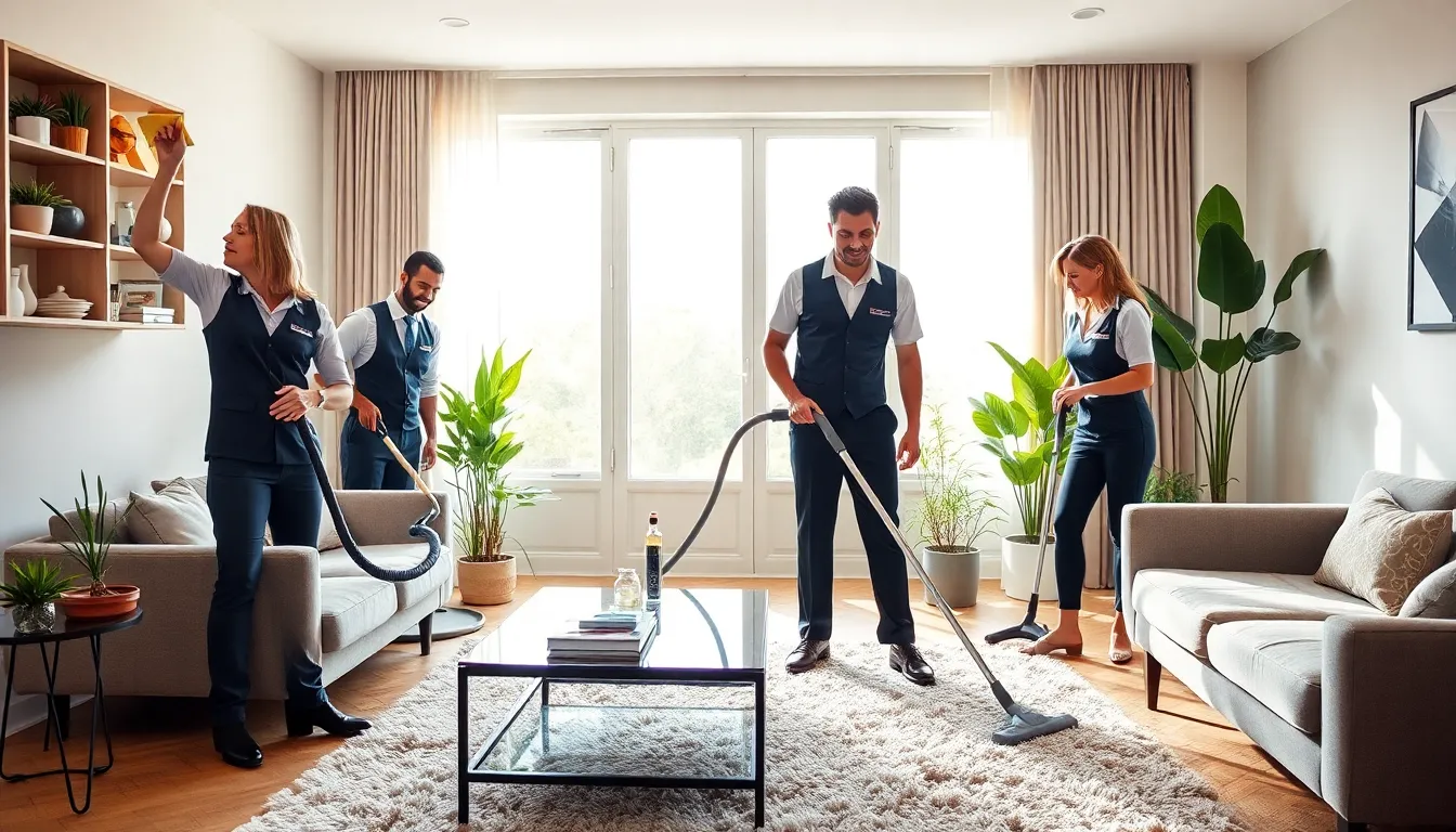 diverse team of home cleaners working in a modern living room.