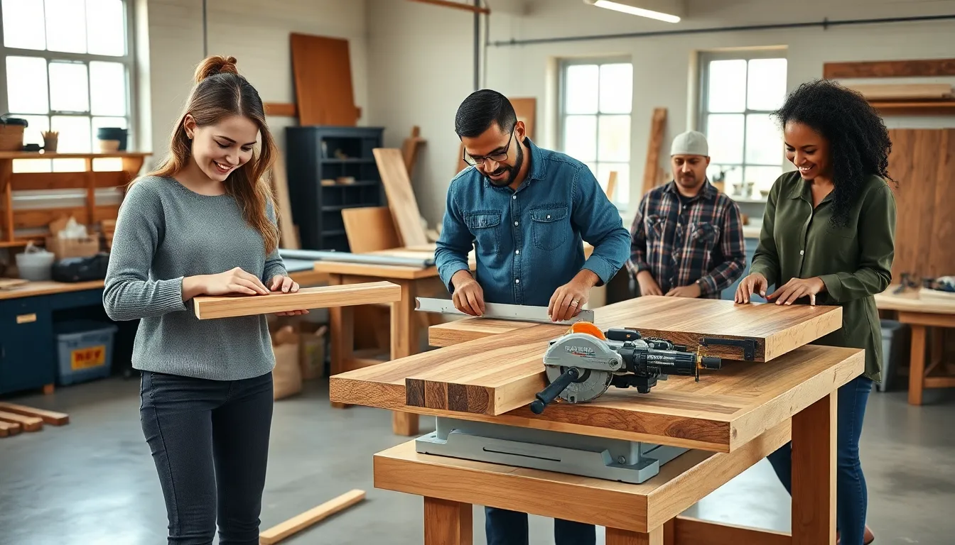 diverse group crafting wood projects in a modern workshop.