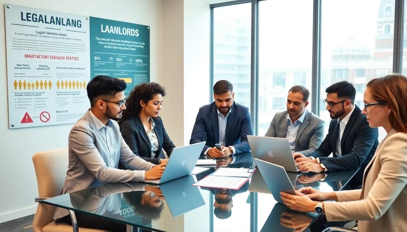 group of landlords discussing property management responsibilities in a modern office.