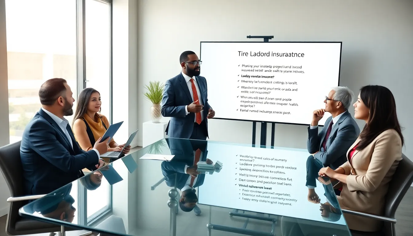 diverse landlords discussing insurance tips in a modern office setting.